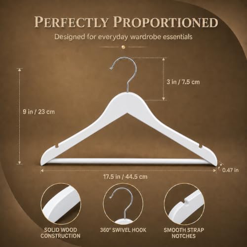 Image of Ash & Roh - Wooden Suit Hangers - Smooth Finish Solid Wood Coat Hanger with Non Slip Pants Bar, 360 Swivel Hook and Precisely Cut Notches Camisole, Jacket, Clothes Hangers (White Hanger, 45)