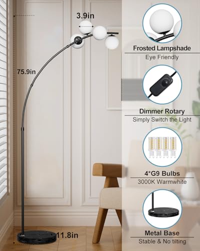 Image of Lightdot Black Arc Floor Lamp for Living Room, 4 Globe Floor Lamp with Shatterproof Shade& Mable Base, Mid Century Modern Tall Standing Lamp for Bedroom /Sofa Beside /Corner Decor(Bulbs Included)