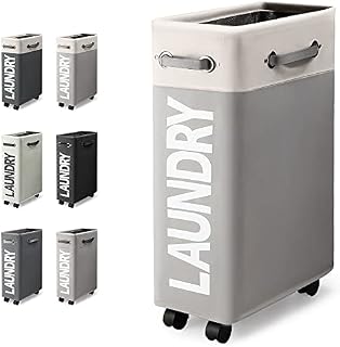 Rieeyrslza Slim Rolling Laundry Hamper 46L Rectangle Thin Laundry Basket on Wheels Collapsible Waterproof Laundry Sorter with Handle Standing Corner Storage Bins Basket (White + Light Gray o2)