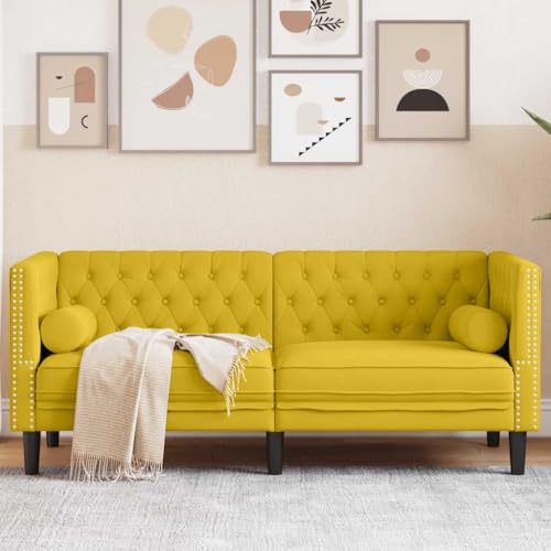 sephironlbb Sofá Chesterfield de 2 plazas de terciopelo amarillo con nuca, tapizado para salón, cómodo sofá con muelles, función relax y patas de madera estables