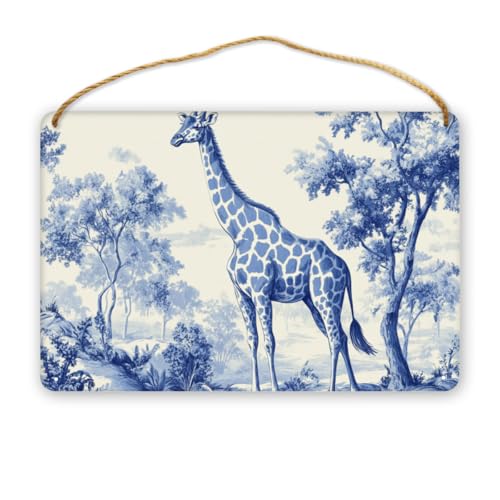 CDSASHCA Blue & White Giraffe Wood Plaque for Crafts Decors - 12x8 Inch Wooden Hanging Sign, Vintage Safari Design, Ideal for DIY Projects & Home Accents
