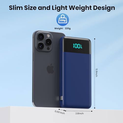Image of Portable Charger for iPhone,13800mAh Slim Power Bank with Built-in Cables & AC Wall Plug,All in One 4 Outputs USB C Fast Charging Battery Pack Travel Essential for iPhone 17 /16 /15 /14,Android (Blue)