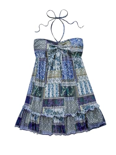 SOLY HUX Women's Summer Floral Print Mini Dress Halter Sleeveless Ruffle Hem Vacation Flowy Dresses Blue and White Floral Small