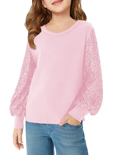 Image of Haloumoning Girls Sequin Shirts Kids Cute Long Sleeve V Neck Tops 5-14 Years