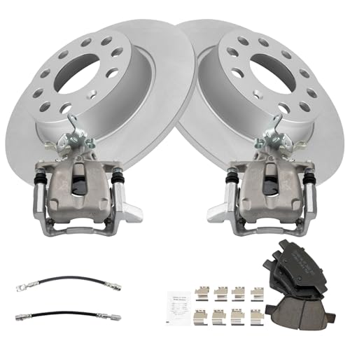 Image of TRQ Rear Brake Pad and Rotor Set Ceramic Coated Rotors Calipers Hoses Compatible with 2010 Volkswagen Jetta