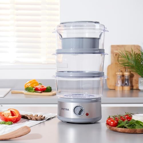 Bild 2 - Petra PT2726ZV2HEVDE 3-stufig Elektro-Dampfgarer - 7,5L Multikocher, Abnehmbare BPA-freie Körbe und Reisschüssel inklusive, kompaktes Design, 60-Minuten-Timer, 500W, Fleisch- und Gemüsedämpfer, Silber