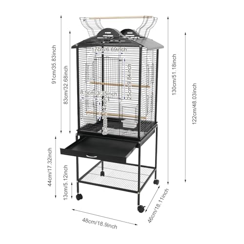 Vogelflugkäfig Freistehender Vogelkäfig 48 * 46 * 122cm mit Rollstand, Regal und Rädern Schwarz-4