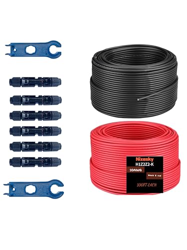 Solar Cable 100Ft 30M 10 awg Wire, 100FT Black + 100FT Red 10 Gauge Wire Solar Extension Cable Wire with 6 Pairs Solar Connectors for RV, Photovoltaic Systems (100, Black red)
