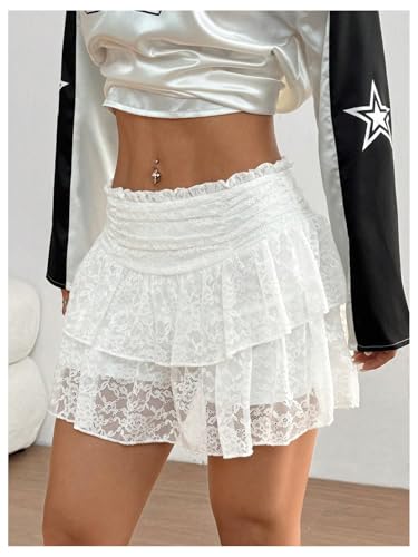 Verdusa Women's Boho Western Layered Lace Skirt Ruched High Waist A Line Fairy Skirts4