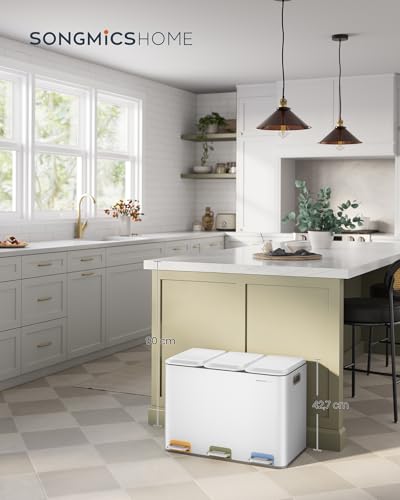 Miniatura 2 de Songmics Home Papelera De Cocina Triple, Cubo De Basura De 3 X 15 L Con Pedales Codificados Por Colores, Sistema De Separación De Residuos, Con Tapas Y Cubos Interiores, Acero, Blanco Nube