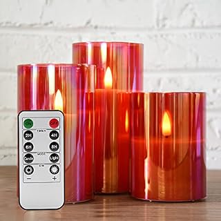 Eywamage Red Glass Flameless LED Candles with Remote, Flickering Battery Operated Christmas Candles Set of 3 D 3" H 4" 5" 6"