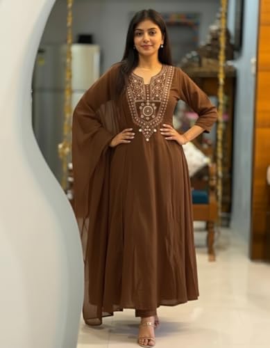 Image of ANNI Designer Women Viscose Embroidered Anarkali Kurta with Palazzo and Dupatta | Ladies Kurta Palazzo Dupatta Set | Ethnic Wear Indian Traditional Clothing for Women