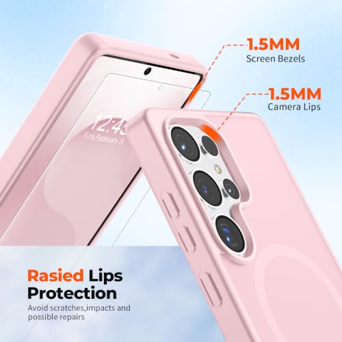 Image of SUPFINE Magnetic for Samsung Galaxy S25 Ultra Case with Screen Protector, (Built-in Magnets) (Military Grade Drop Protection) Slim Translucent Shockproof Phone Case,Pink