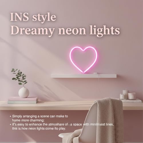 Image of Teafasty Pink Heart Neon Sign LED Light USB Battery Powered Room Decor | Dual power design, soft pink glow, wall mount or tabletop display for bedrooms, parties, weddings and festive occasions
