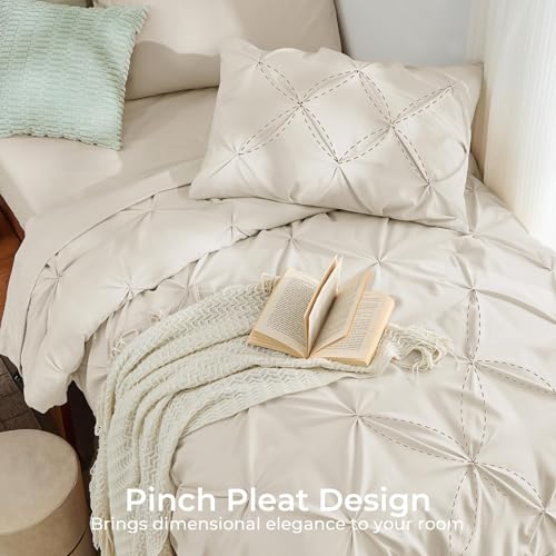 Image of Sasttie Twin Comforter Set, 5-Piece Bed in a Bag, Pintuck Bedding Sets for All Season, Includes Comforter, Flat Sheet, Fitted Sheet, Pillowcase and Pillowsham, Beige