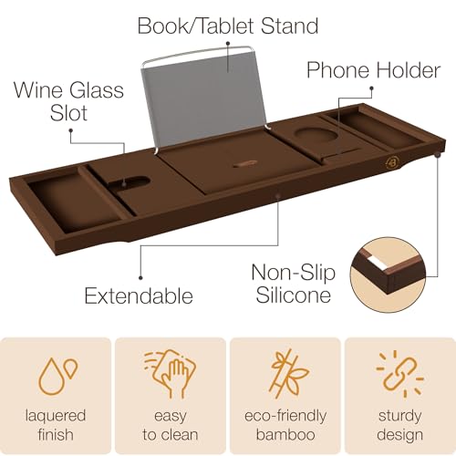 Bambusi-Bathtub-Tray-for-Tub-Brown-Bamboo-Bath-Tray-Expandable-Wooden-Bath-Caddy-Tray-with-Wine-Holder-Book-and-Tablet-Stand-Bathroom-Accessories-Tub-Table-Spa-Bath-Gifts-for-Women-and-Couples