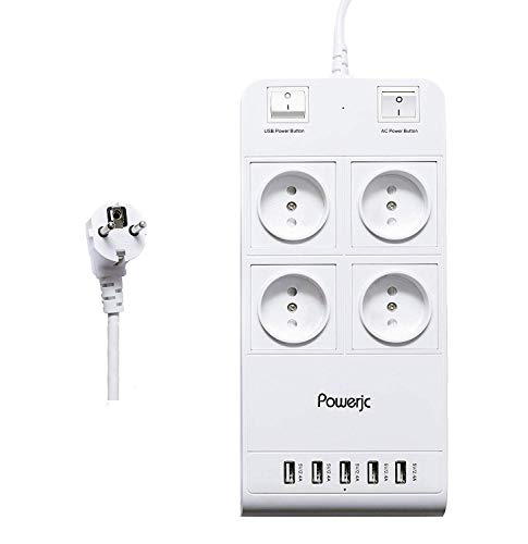 Preisvergleich Produktbild Steckdosenleiste Mehrfachsteckdose Überspannungsschutz,Powerjc 4 Fach Steckdose Mehrfachstecker Verlängerungssteckdose und 5 USB,2M Verlängerungskabe(2500W / 10A)