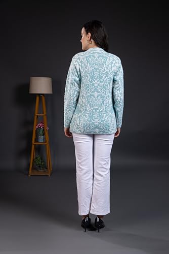 Image of Wear lusso Women Woolen Round Neck Self Design Cardigan | Heavy Hair Fabric Winter Wear | Pure Wool Long Cotty Fully Warm Cardigan Sweater