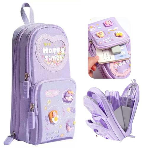 Image of Large Capacity Kawaii Purple Pencil Case - Cute 3-Compartment Stationery Organizer for School Supplies, Office, and Travel | Ideal Gift for Students, Artists, and Art Lovers, Holds 50 Pens or Pencils