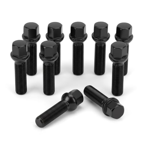 Dynofit M14x1.5 Lug Bolts Compatible with Audi A4 A3 A1 A8,10pcs Ball Seat 45mm Shank for 20 mm Wheel Spacers, 17mm hex Aftermarket Extended Black Bolts Fit CC Golf Jetta Lavid Se