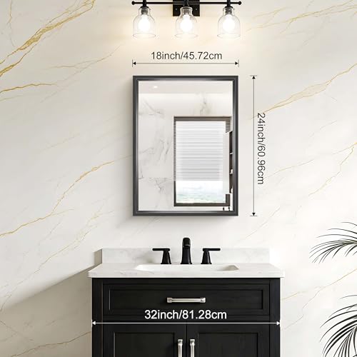 Image of Bathroom Mirror, 18 x 24 inch Brushed Black Metal Frame Rectangular Vanity Mirror, Wall Mounted Rectangle Mirror for Bedroom Living Room, Tempered Glass, Antirust, Horizontally or Vertically