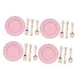 Milisten 4 Sätze Dollhouse Geschirr Große Teller und Teiliges Besteck Roségold Puppenhaus Zubehör für Kreative Spielszene und Miniaturdekoration Hochwertige Sichere Materialien