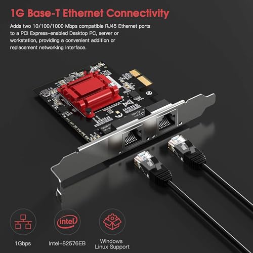 Tarjeta de Red PCIe de Doble Puerto 1 Gbps con Chipset Intel 82576, Adaptador Ethernet Gigabit Convergente, 2 Puertos RJ45 para Servidor, Compatible con Windows / Windows Server / Linux / FreeBSD / DOS miniatura 7