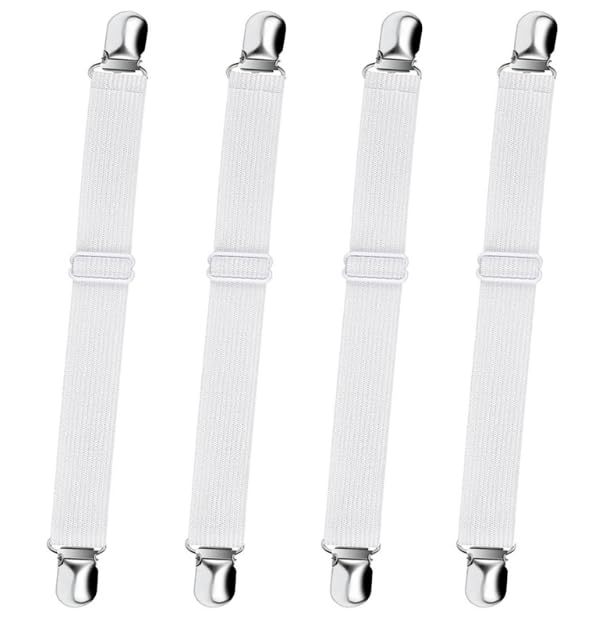 8 pinzas para manteles extensibles y ajustables – Sujetadores discretos para manteles al aire libre – Ideal para colocar sábanas, manteles, mantas y colchones. Materiales duraderos – Blanco y negro
