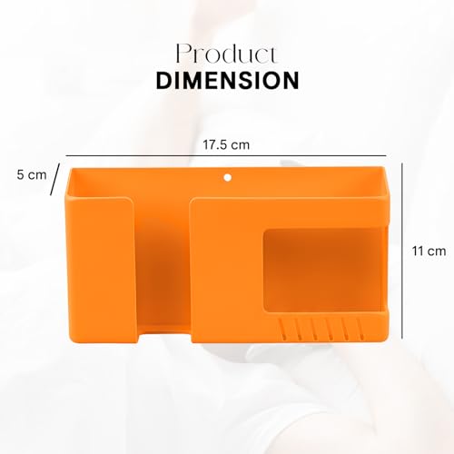 Image of Prolet Wall Mount Mobile Charging Holder with Storage Box & AC /TV Remote Organizer, Self-Adhesive Phone Plug Stand, Multipurpose Wall Shelf, Space Saving Mobile Holder for Home & Office (Orange)
