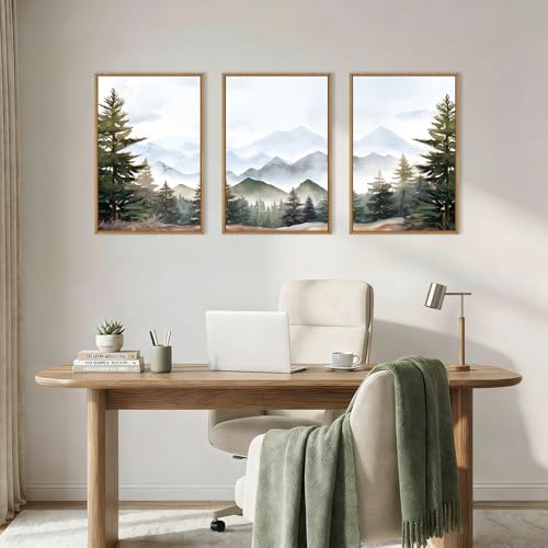 Image of KAIRNE Misty Mountain Landscape Framed Canvas Wall Art Set, Nature Forest Wall Decor, Green Pine Tree Art Prints, Modern Foggy Woodland Artwork for Living Room,Bedroom,Farmhouse,Office-16 x24 x3
