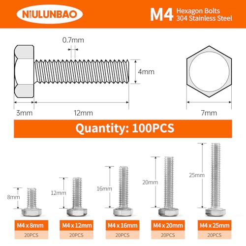 Image of M4 x 8mm 12mm 16mm 20mm 25mm Heavy Duty Hexagon Bolts Hex Head Screws, 304 Stainless Steel, Metric Machine Fully Threaded, Bright Finish, Assortment Kit 100PCS