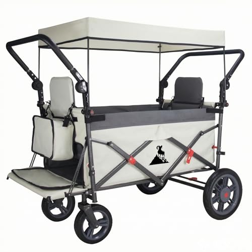 Sonnenschutzdach Bollerwagen mit Sitz & Sicherheitsgurt mehrwinklig Verstellbarer Griff erweiterbare Platte praktische Tasche & abnehmbare Räder für Spaziergänge Strand Camping (Grau/Beige)