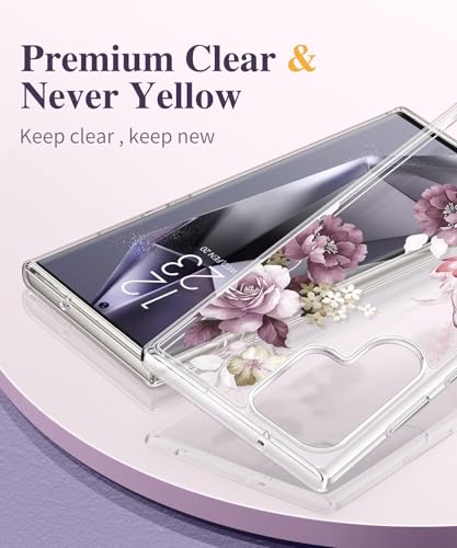 Image of Elzzi Clear Transparent Flower Cover For Samsung S25 Ultra 5g Case Shockproof Case Floral Design Camera Protection Shockproof PC+TPU Transparent Flower Cover For Girls & Women 2024 6.9 inch (Deep Purple)