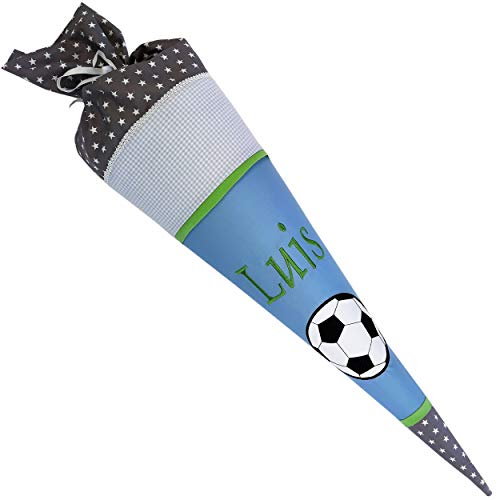 Personalisierte Schultüte für Jungs 1 Schultag | max. 10 Zeichen bestickt | Bezug aus Stoff 100% Baumwollgewebe & Bortenbesatz | 72 cm x Ø 18 cm | Zuckertüte für Einschulung im Kindergarten / Schule Cover