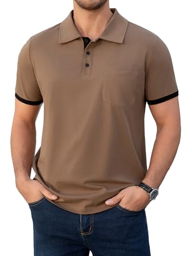 Polo para hombre con puños contrastantes y cuello de verano, casual, de manga corta y 3 botones, con bolsillo miniatura 1