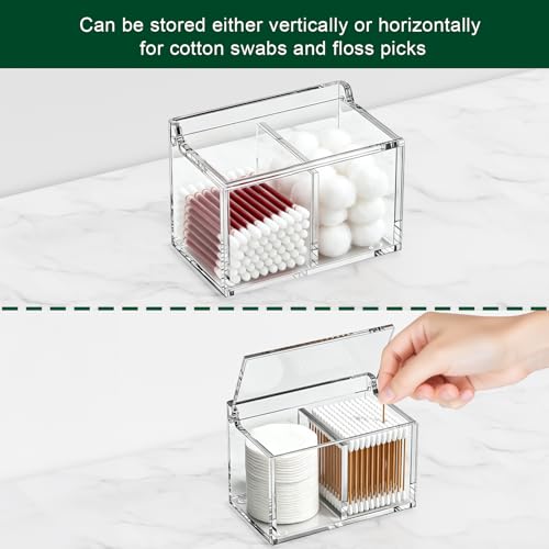 Qtip-Holder-Dispenser-for-Cotton-Swabs-Balls-Pads-Floss-Picks-2-Compartments-Clear-Acrylic-Container-with-Lid-Apothecary-Jar-Bathroom-Accessories-Canister-Vanity-Storage-Organizer