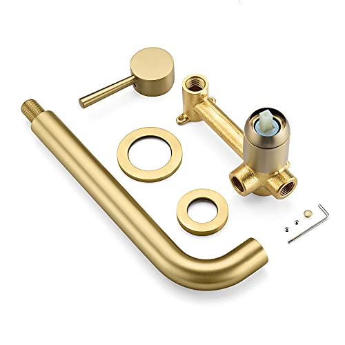 Sumerain Wall Mount Bath Tub Faucet Brushed Gold Tub Filler Extra Long Spout With High Flow Rate, Includes Brass Rough-In Valve #TOP5