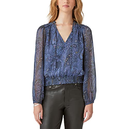 Lucky Brand Women's Long Sleeve Paisley Bubble Hem Blouse, Indigo Multi, Large #TOP14
