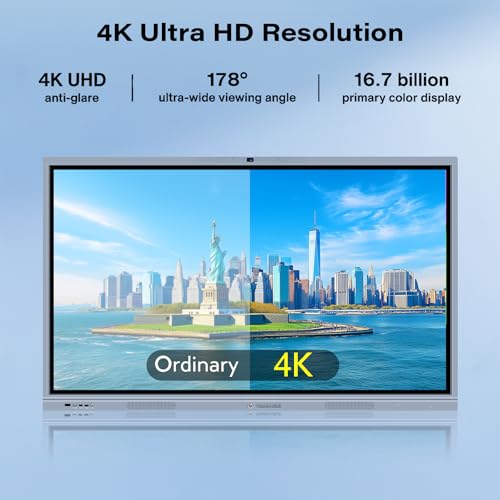 Image of 65 inch Smart board, 4K UHD Interactive Whiteboard with 20 MP Camera, 8+256GB Touch Screen Digital Board for Business, Office,Classroom & Conference Rooms (Wall Mount Included)