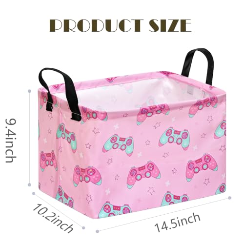 Image of MAIZMZ Girls Storage Basket,Pink Controller Print Kids Hamper,Waterproof Lining, Leather Handles, Collapsible for Gamer Girls, Toys, Clothes, Gift Basket