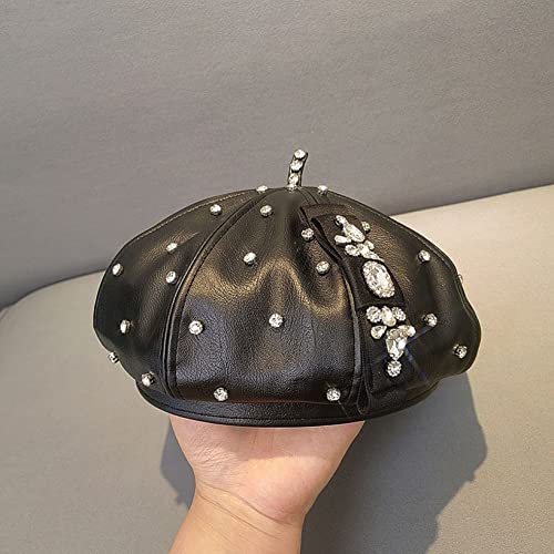 Black Beret Hats For Women Diamond Pu Leather Elegant French Artist Beanie Cap Autumn Winter Vintage Rhinestone Octagonal Hat #TOP5