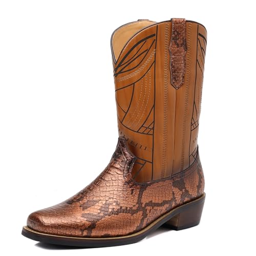 Mens Cowboy Boots Embroidered Snake Embossed Vintage Western Calf Boots with Chunky Sole2