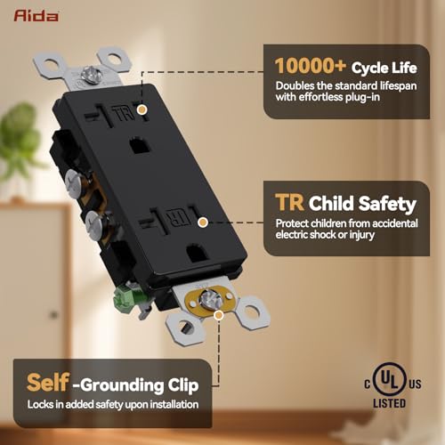 AIDA 20A Tamper Resistant Decorator Outlet with Wall Plate, NEMA 5-20R Residential Receptacle, Self-Grounding Electrical Outlet, UL Listed, Black, 20 Pack by AIDA - Used condition - Image 3