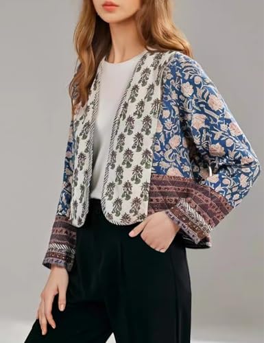 Flygo Women Cropped Puffer Jacket Cardigan Floral Printed Quilted Coats Lightweight Open Front Crop Padded Down Jackets3