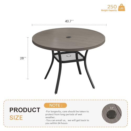 Image of VICLLAX Metal Outdoor Dining Table for 4, All Weather 40.7 inch Black Round Patio Table with Adjustable Umbrella Hole for Lawn, Garden, Balcony and Poolsides, Grey Wood Grain Tabletop