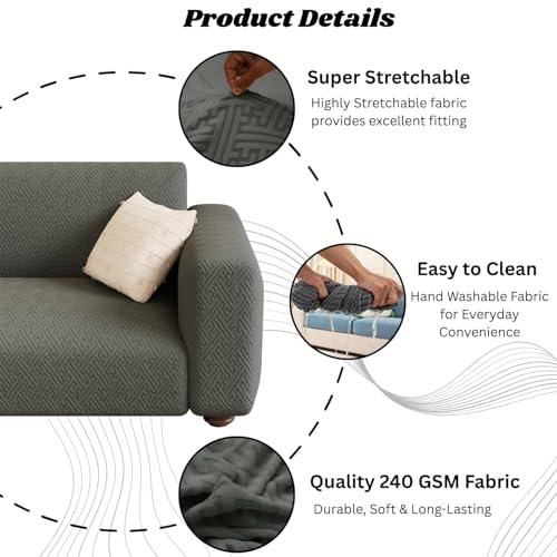 Image of Lukzer 4 Seater Pastel Dark Grey Grid Maze Pattern Sofa Cover | 240 GSM Universal Stretch Fit Jacquard Fabric Couch Protector | Fully Covered Anti Slip & Washable Sofa Cover (230-300cm /SC-104-04)