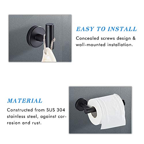 3-Pieces Bathroom Hardware Sets Matte Black Sus304 Stainless Steel Wall Mounted Includes 12" Hand Towel Bar, Paper Holder, Robe Hooks #TOP3