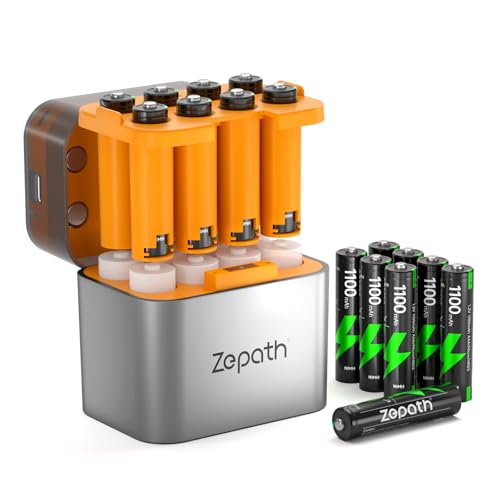 Li-ion/NI-MH Hybrid Ladegerät mit 16xAAA Wiederaufladbare NI-MH Akkus, 1100mAh Hohe Kapazität 1.2V AAA Batterien, 8 Ladegerät für AA/AAA Akkus, Integrierter LED Charing Aufbewahrungsbox