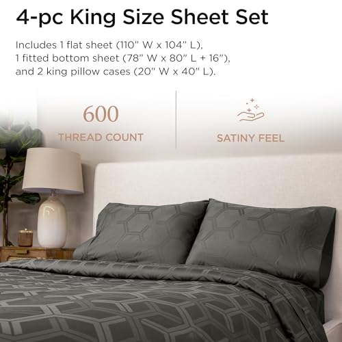 Image of Threadmill 100% Cotton Sheets for King Size Bed - 600 Thread Count King Bed Sheets Set with 16 inch Deep Pocket - Jacquard Sateen Weave 4-Piece Bedding Set with Cooling Effect, Dark Grey