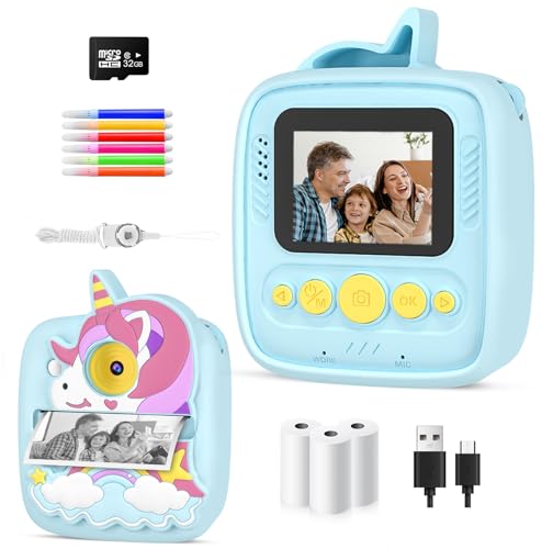 Kids Camera Instant Print,Birthday presents gifts for 3 4 5 6 7 8 9 Year Old Boys Girls,48MP & 1080P HD Kids Digital Camera with 32GB SD Card & 3 Rolls Paper